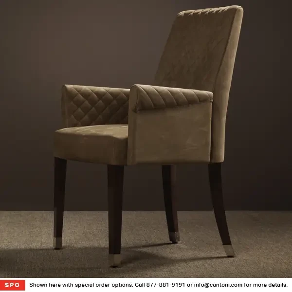 Malerba Red Carpet Arm Chair, diamond tufted back and arms, ecru leather, dark wood legs, side view.
