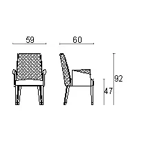 Detailed Dimensions - Malerba Red Carpet Arm Chair, Ecru Leather, Diamond Tufted Back, Bruno Sycamore High Gloss, front and side technical drawing