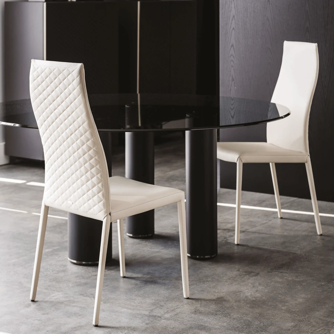 LINO - Cattelan Norma Couture High Back Side Chair in Lino Soft Leather 948, diamond tufted back, white, dining room, rear view.