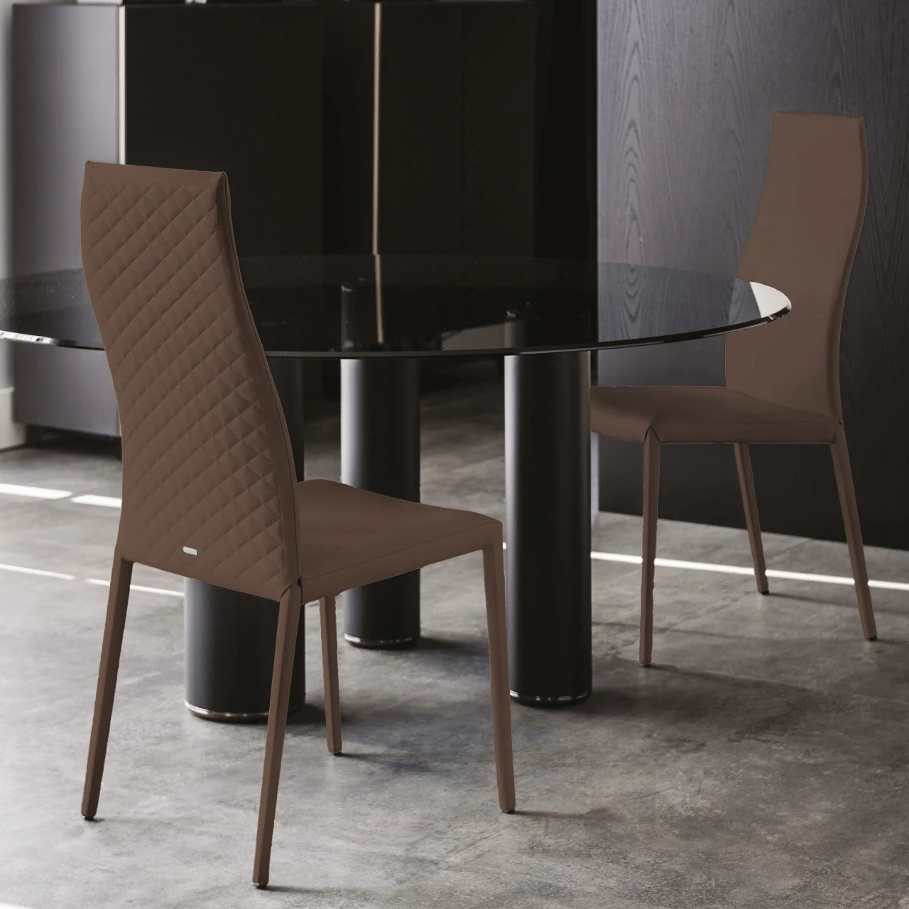 TABACCO - Cattelan Norma Couture High Back Side Chair in Tabacco Soft Leather 988 with diamond tufted back, dining room, side view.