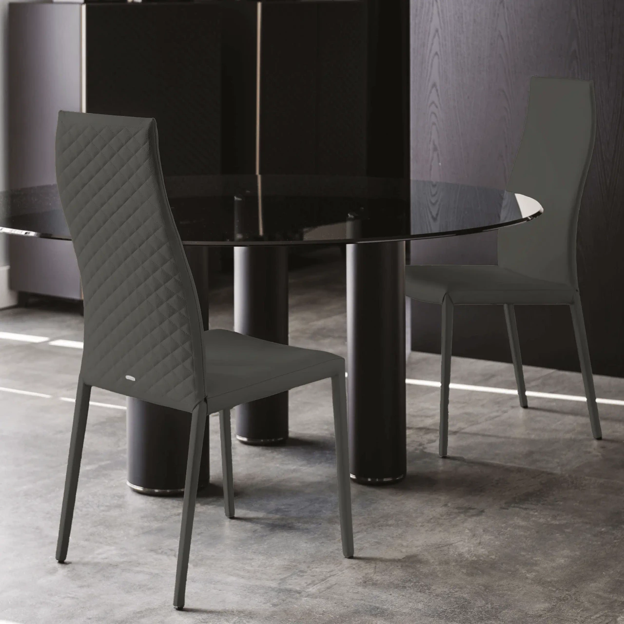 SMOKE - Cattelan Norma Couture High Back Side Chair in Smoke Soft Leather 952 with diamond tufted back in a modern dining room.
