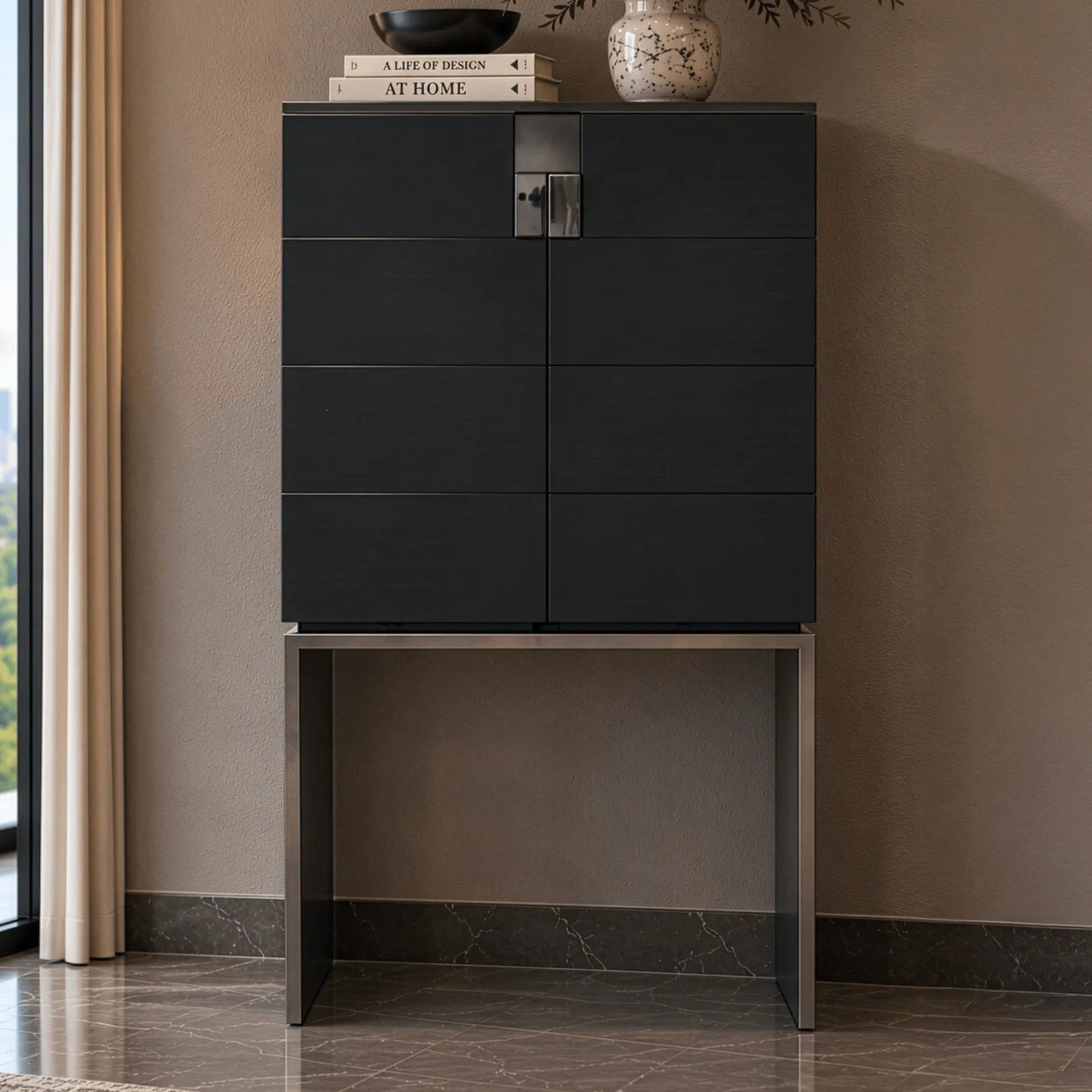 Malerba Black & More Bar Cabinet in Black Oxny Gloss with Black Chrome Base, modern style, front view in a living room.