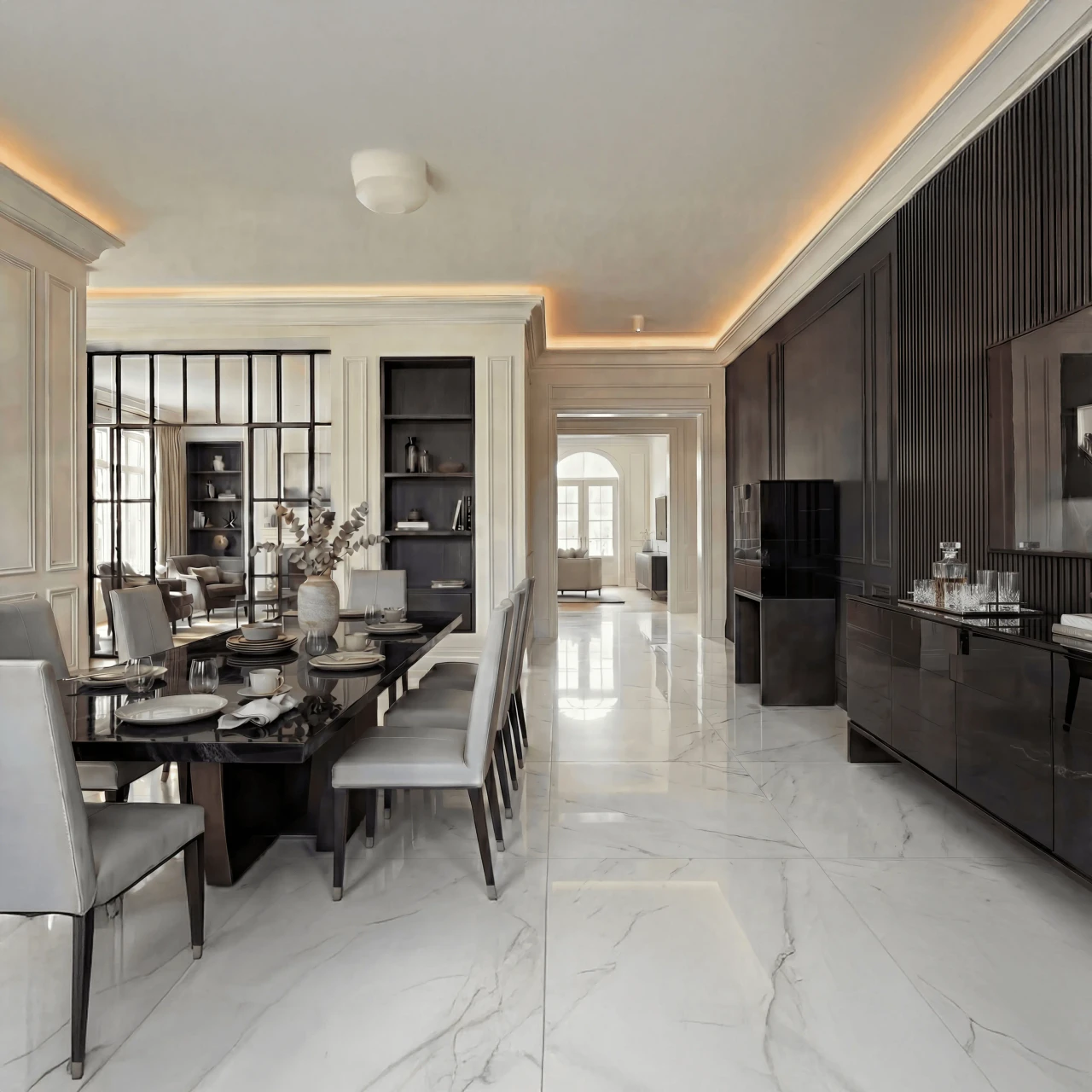 Malerba Black & More Bar Cabinet in Black Oxny Gloss with Black Chrome Base in a modern dining room, wide angle view.