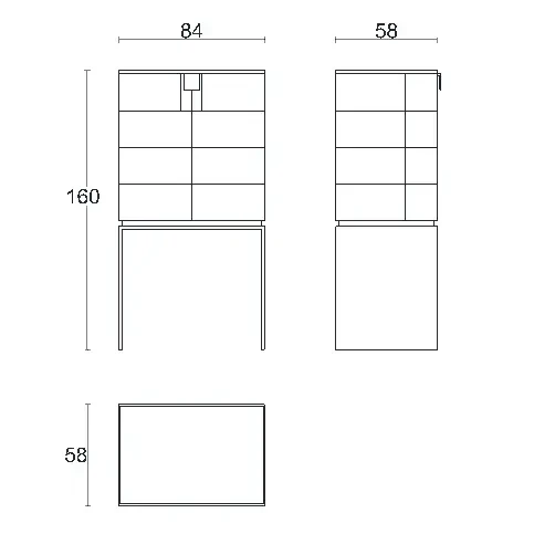 Detailed Dimensions - Malerba Black & More Bar Cabinet technical drawing showing front, side, and top views with dimensions in centimeters.