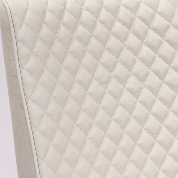 Closeup - Malerba Red Carpet Side Chair, diamond tufted back, ecru leather, close-up detail view.