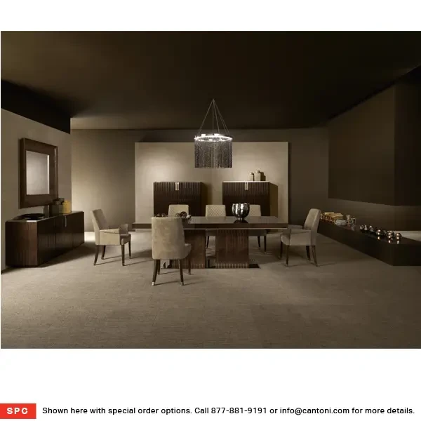Malerba Red Carpet Side Chairs in ecru leather with diamond tufted backs in a modern dining room, front angle view.