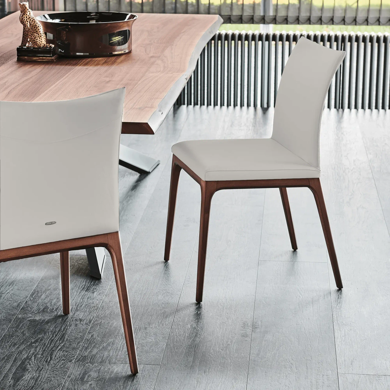CANOVA - Cattelan Arcadia Side Chair in Canova Soft Leather with Walnut Stained Beech Frame, dining room setting, rear angle view.
