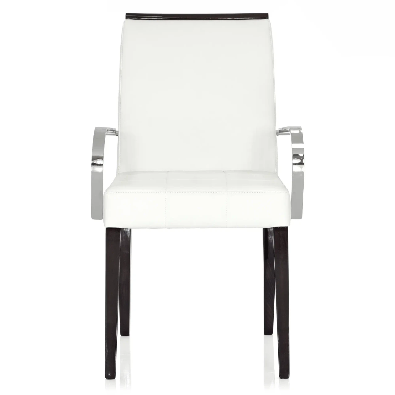 Malerba One And Only Arm Chair, modern white leather, polished stainless steel arms, walnut hgloss trim, front view
