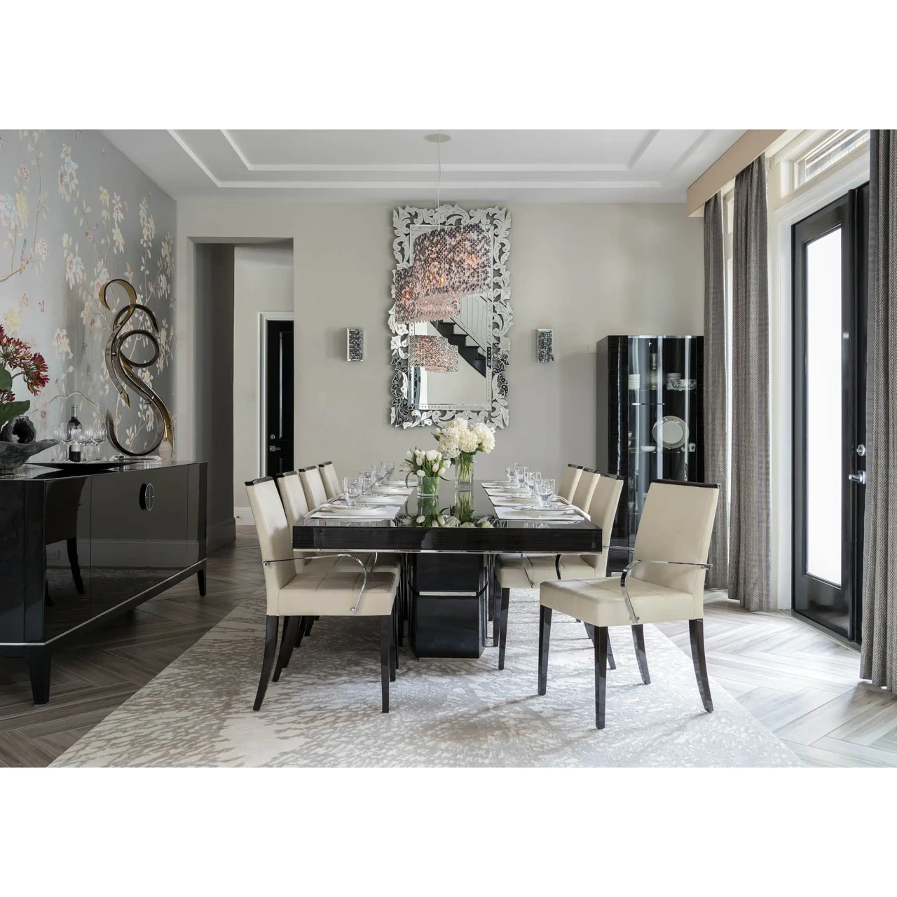 Malerba One And Only Arm Chair in White Leather with Polished Stainless Steel arms in a modern dining room, front angle.