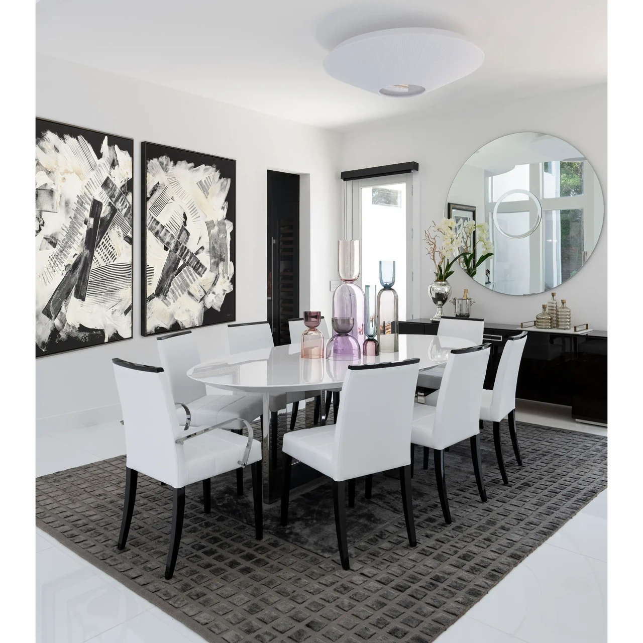 Malerba One And Only Arm Chair, white leather, polished stainless steel arms, modern dining room, front angle view.