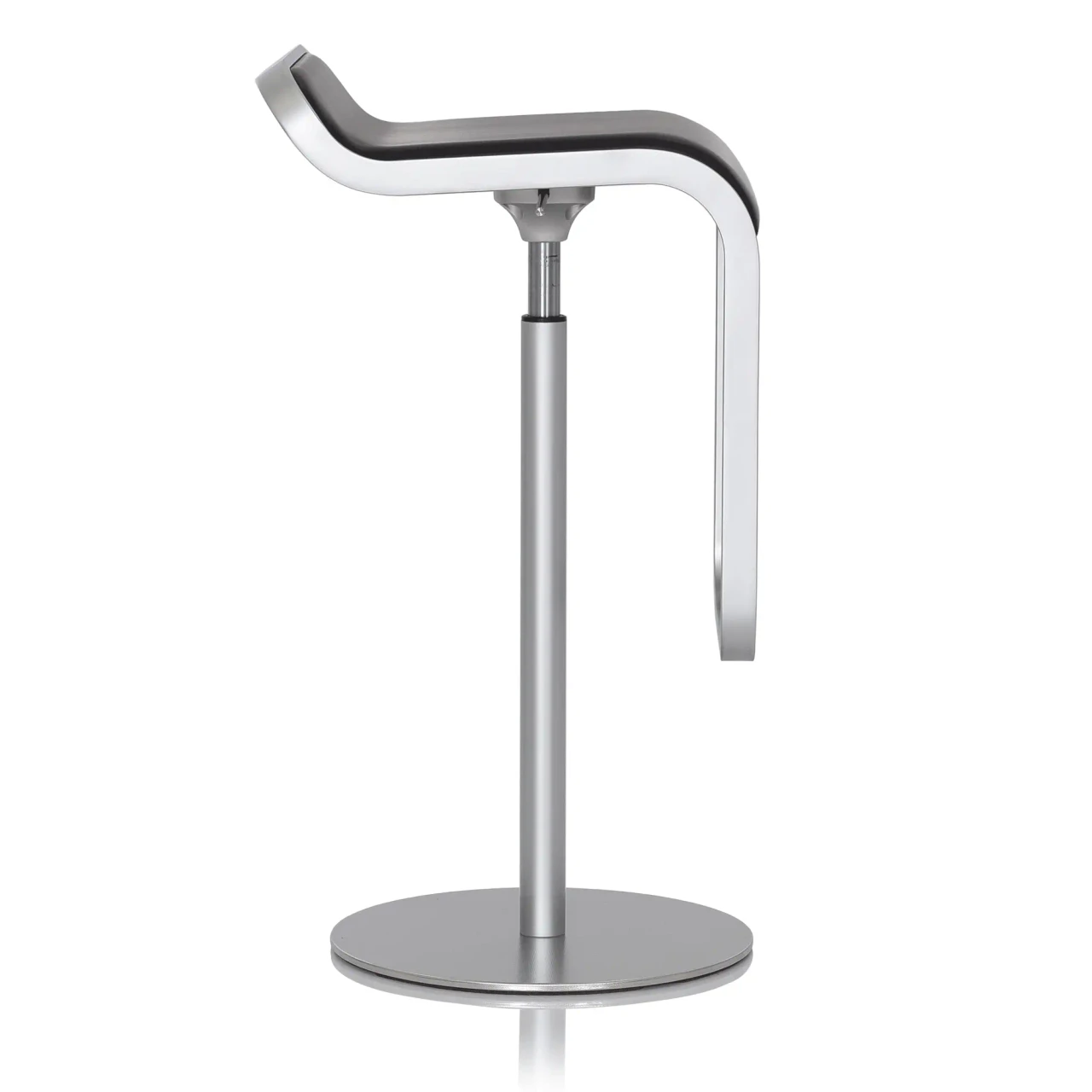 Lapalma Lem Bar Stool, modern matt chrome metal frame and base with black leather seat, side view.