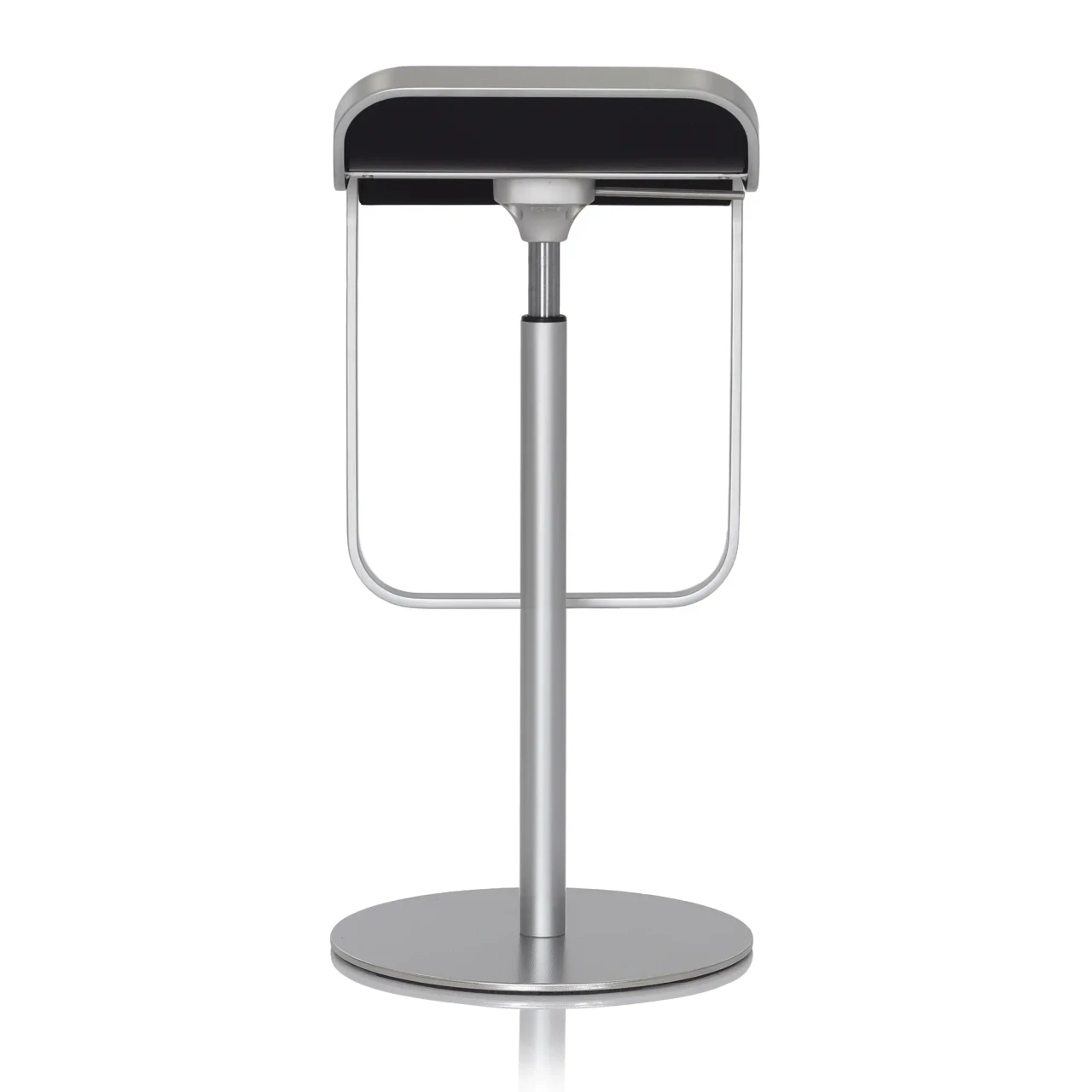 Lapalma Lem Bar Stool, modern style, black leather seat, matt chrome metal frame and base, front view.