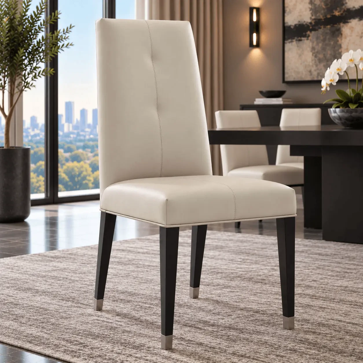 IVORY LEATHER - Malerba Black & More side chair, ivory leather, black onyx high gloss legs, 3/4 view in a modern dining room setting.