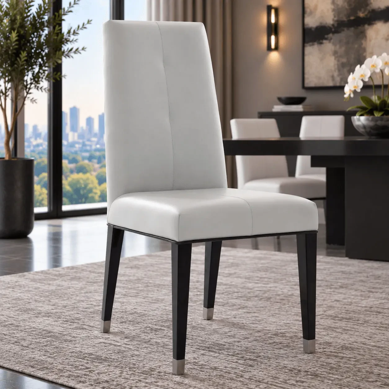 LIGHT GREY LEATHER - Malerba Black & More Side Chair in Grey Leather C51 with Black Onyx HG Legs w/Caps, 3/4 view in a modern dining room.