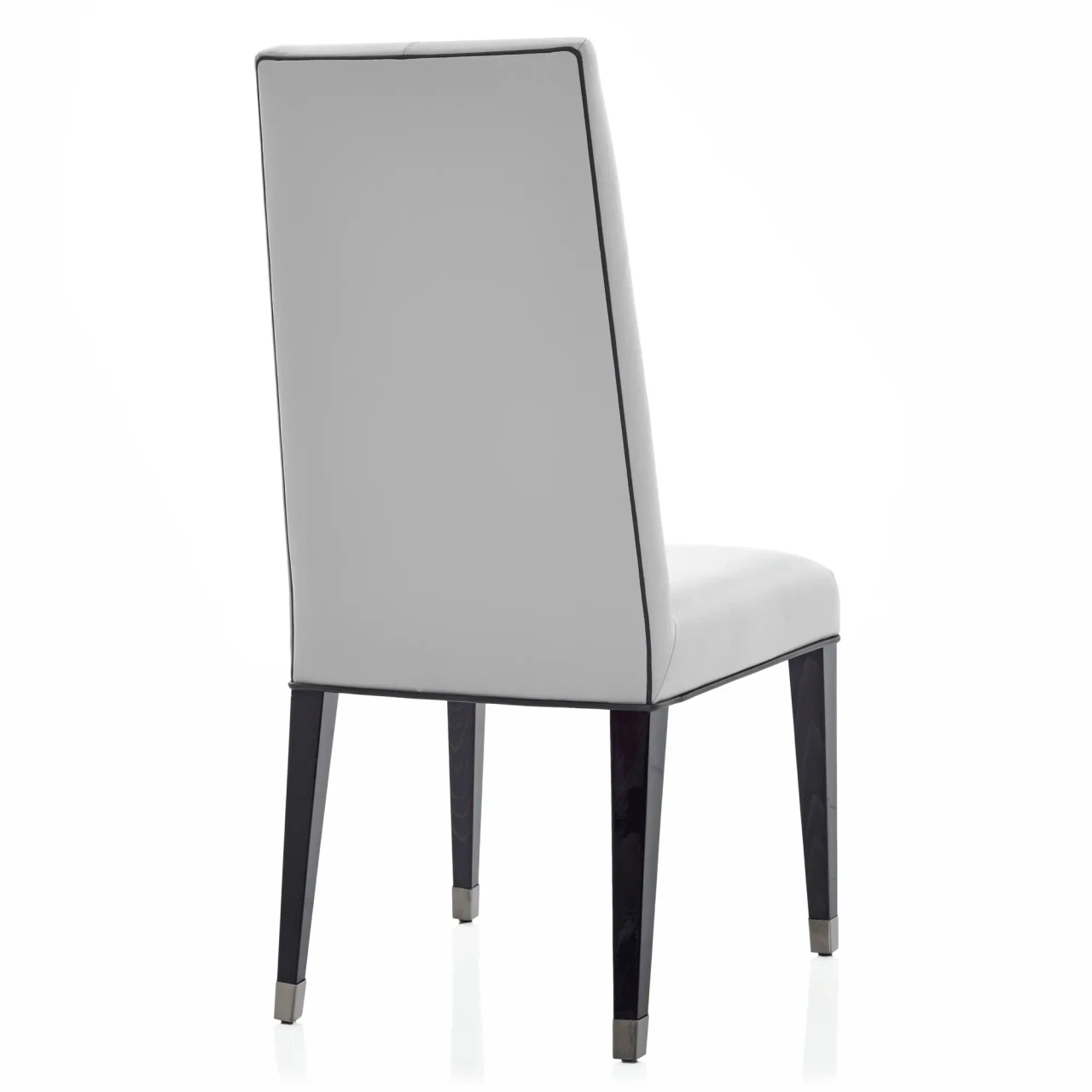LIGHT GREY LEATHER - Malerba Black & More Side Chair, grey leather with black welt and black onyx HG legs, rear view.