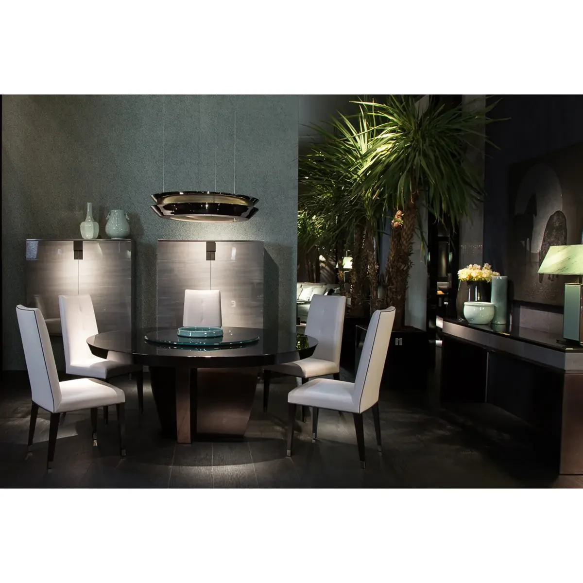 LIGHT GREY LEATHER - Malerba Black & More Side Chair in Grey Leather C51 with Black Onyx HG Legs, modern dining room setting, front view.