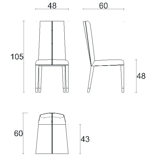 LIGHT GREY LEATHER || Detailed Dimensions - Malerba Black & More Side Chair, Grey Leather C51 w/Black Welt, Black Onyx HG Legs, technical drawing with dimensions.