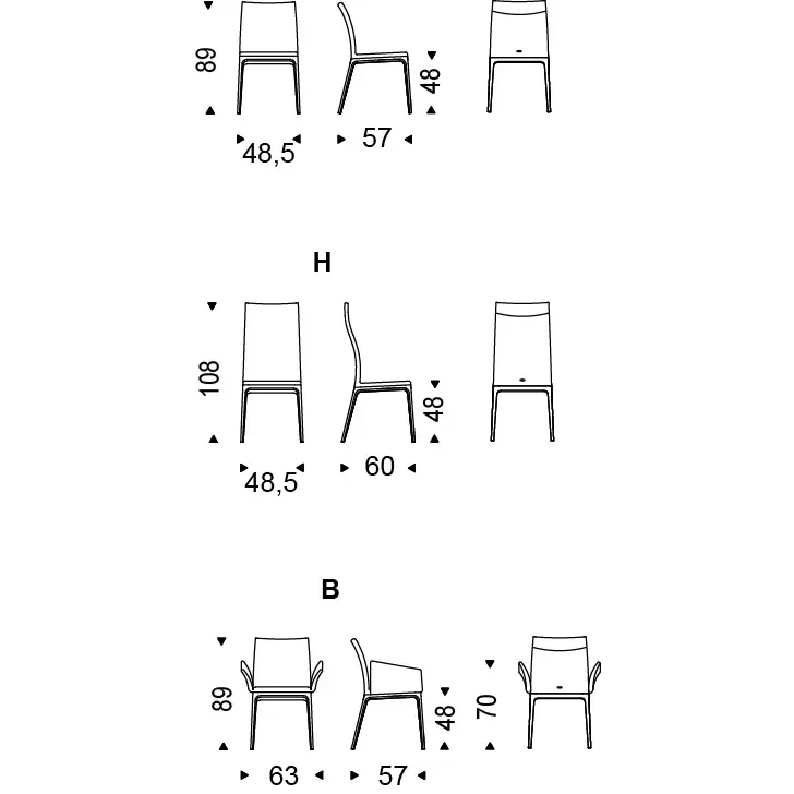 FANGO || WALNUT || Detailed Dimensions - Cattelan Arcadia High Back Side Chair technical drawings showing dimensions for three different backrest height options.