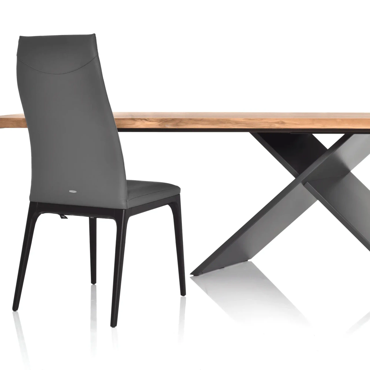 SMOKE || MATTE BLACK - Cattelan Arcadia High Back Side Chair in Smoke Grey Soft Leather and Matt Black Beech Frame, rear view in dining setting.