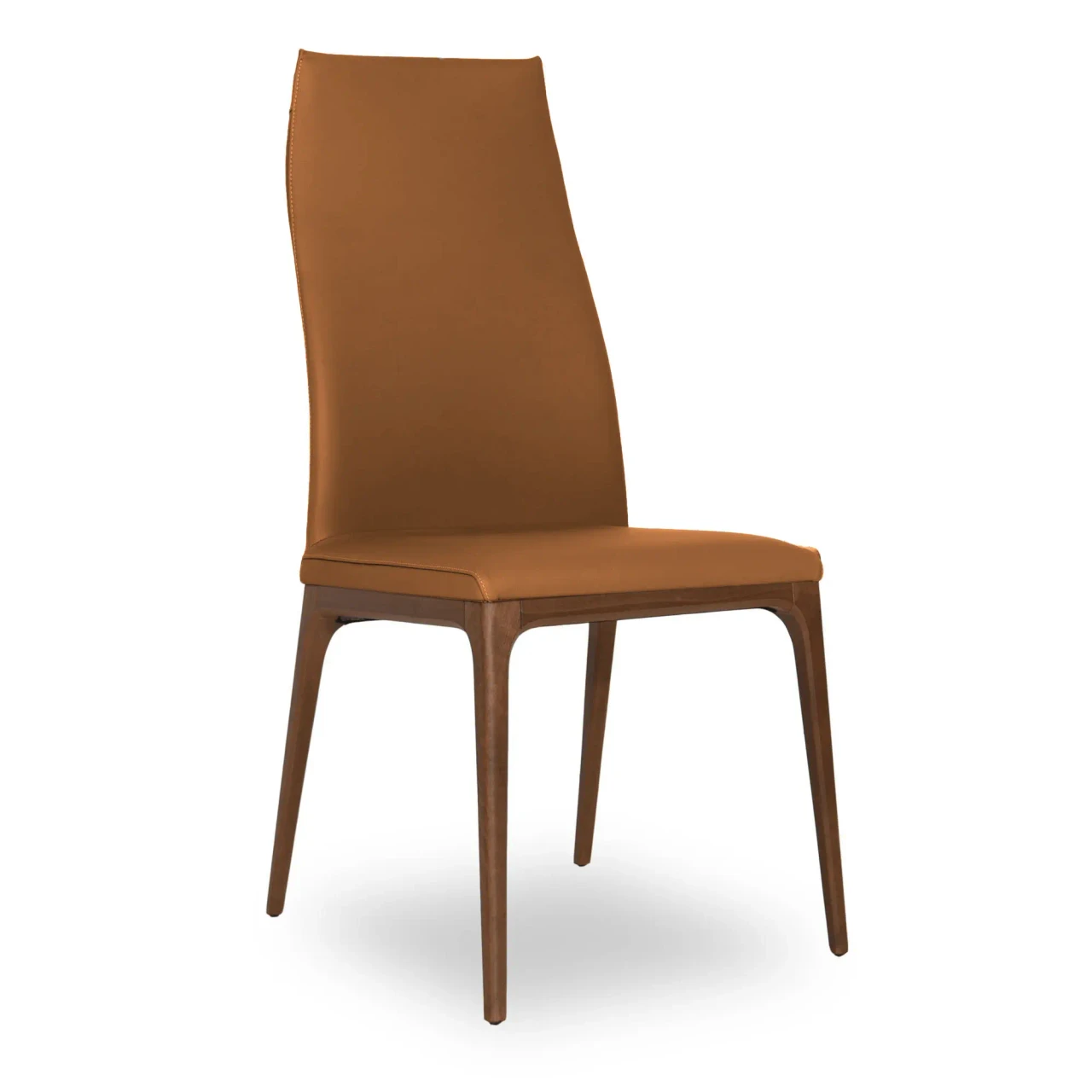 COGNAC || WALNUT - Cattelan Arcadia High Back Side Chair in Cognac Soft Leather with Walnut Stained Beech Frame, 3/4 view angle