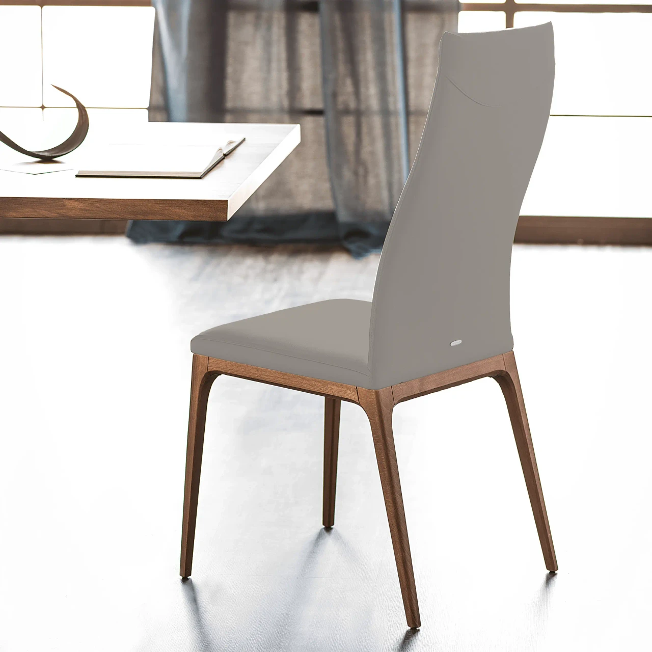 DAKOTA || WALNUT - Cattelan Arcadia High Back Side Chair in Dakota Soft Leather 938 with Walnut Stained Beech Frame, dining room, side view