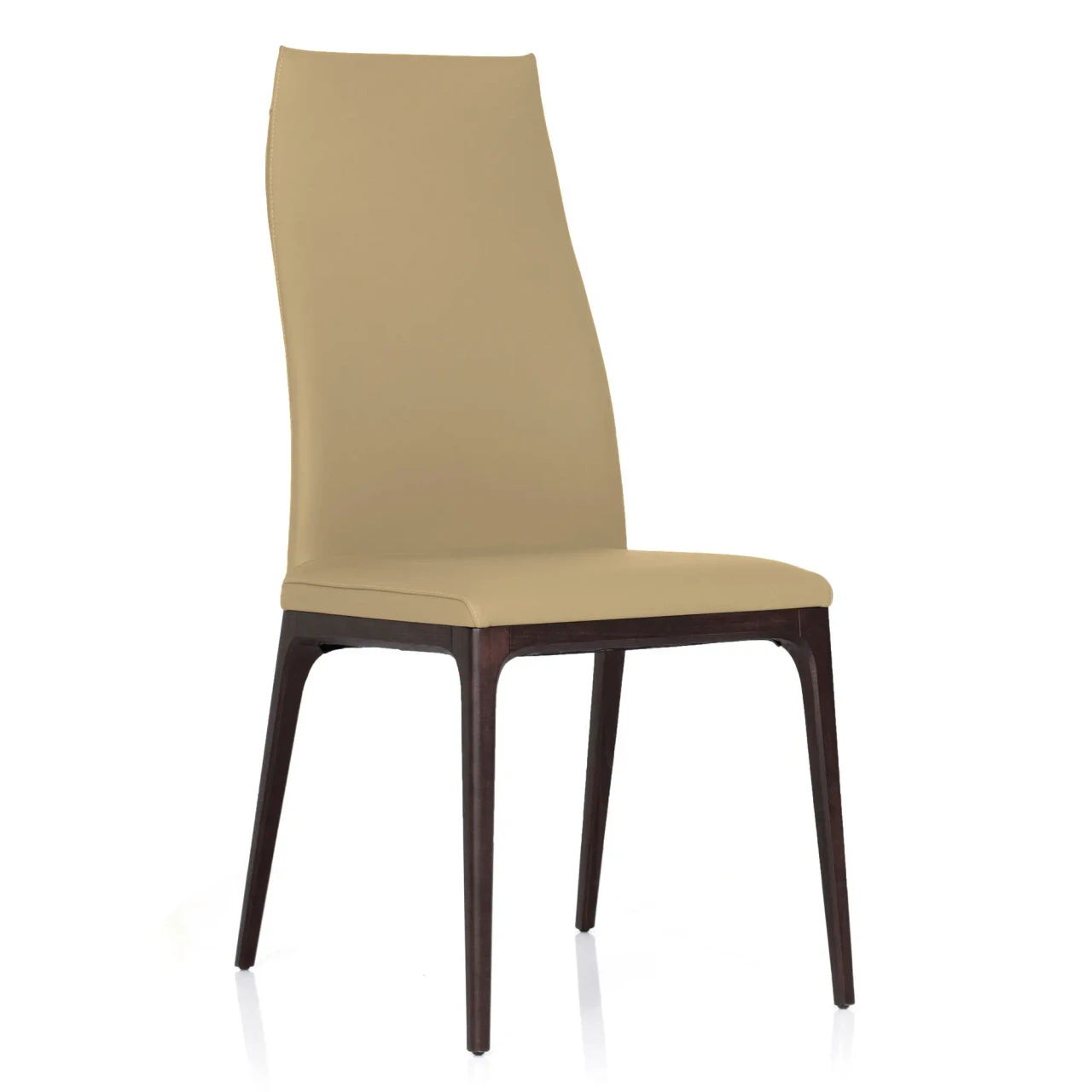 SAFARI || WENGHE - Cattelan Arcadia High Back Chair in Safari Soft Leather with Wenghe Stained Beech Frame, side view.