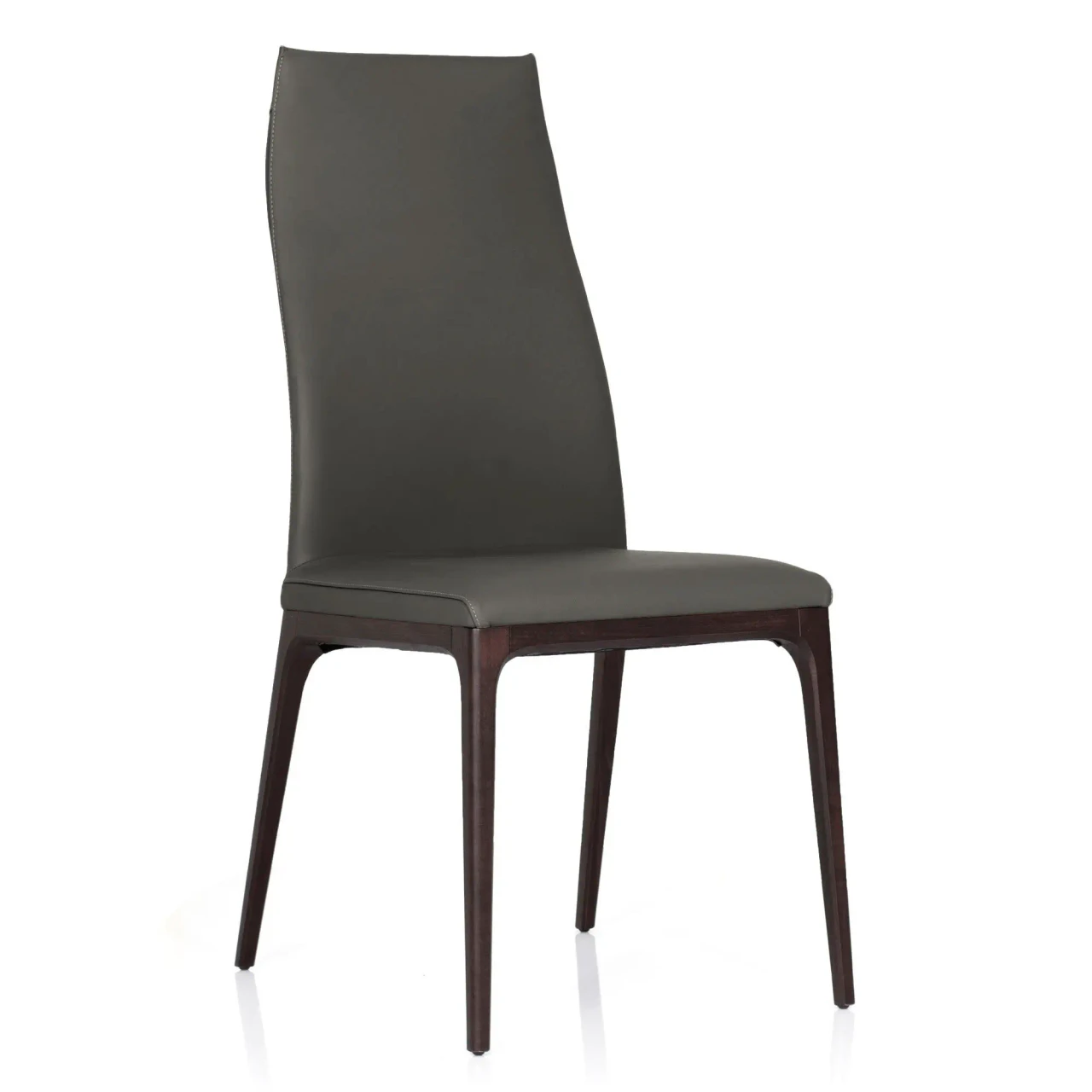 SMOKE || WENGHE - Cattelan Arcadia High Back Chair in Smoke Soft Leather with Wenghe Stained Beech Frame, side view angle