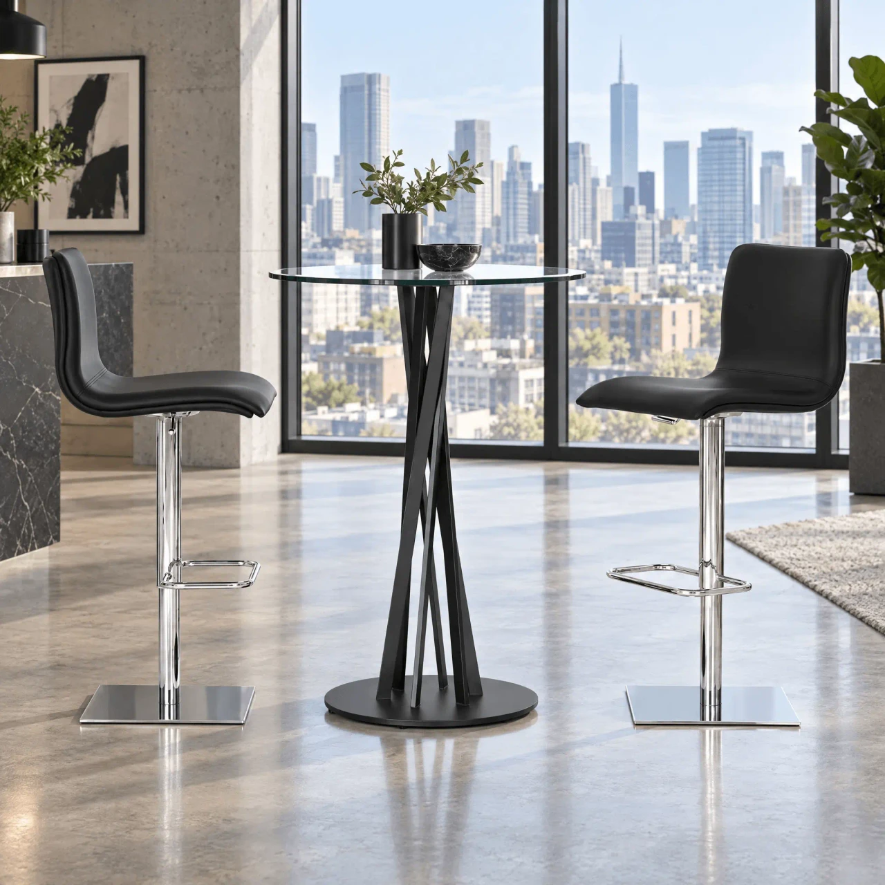 BLACK - Two Toro Bar Stools in black leather with chrome base, post, footrest and lift in a modern dining room, front view.
