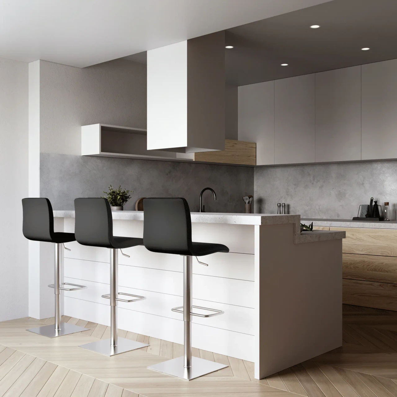BLACK - Three modern black faux leather bar stools with chrome bases and footrests in a white kitchen, front three-quarter view.