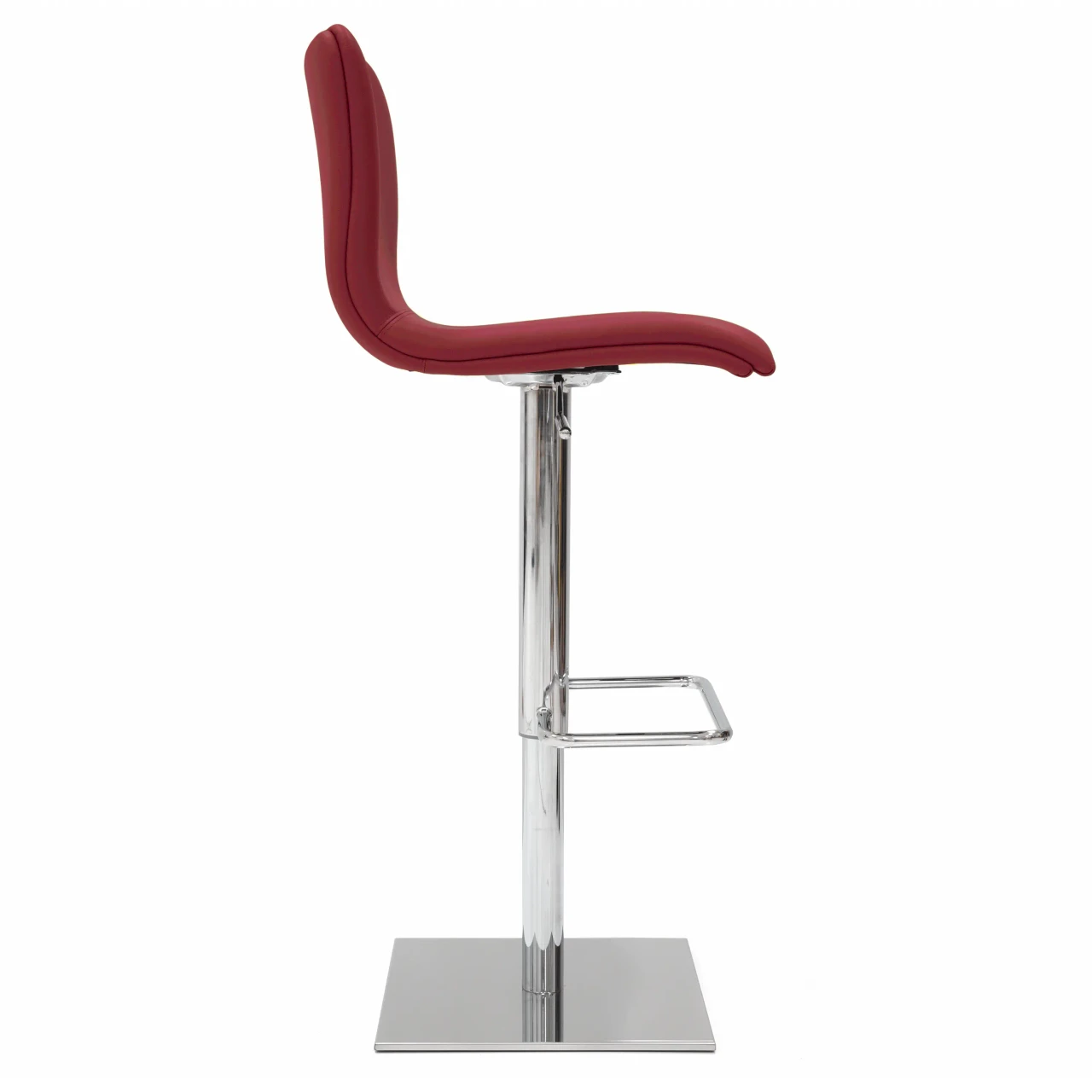 RED LEATHER - Red modern bar stool with faux leather seat, chrome pedestal base, footrest, side view.