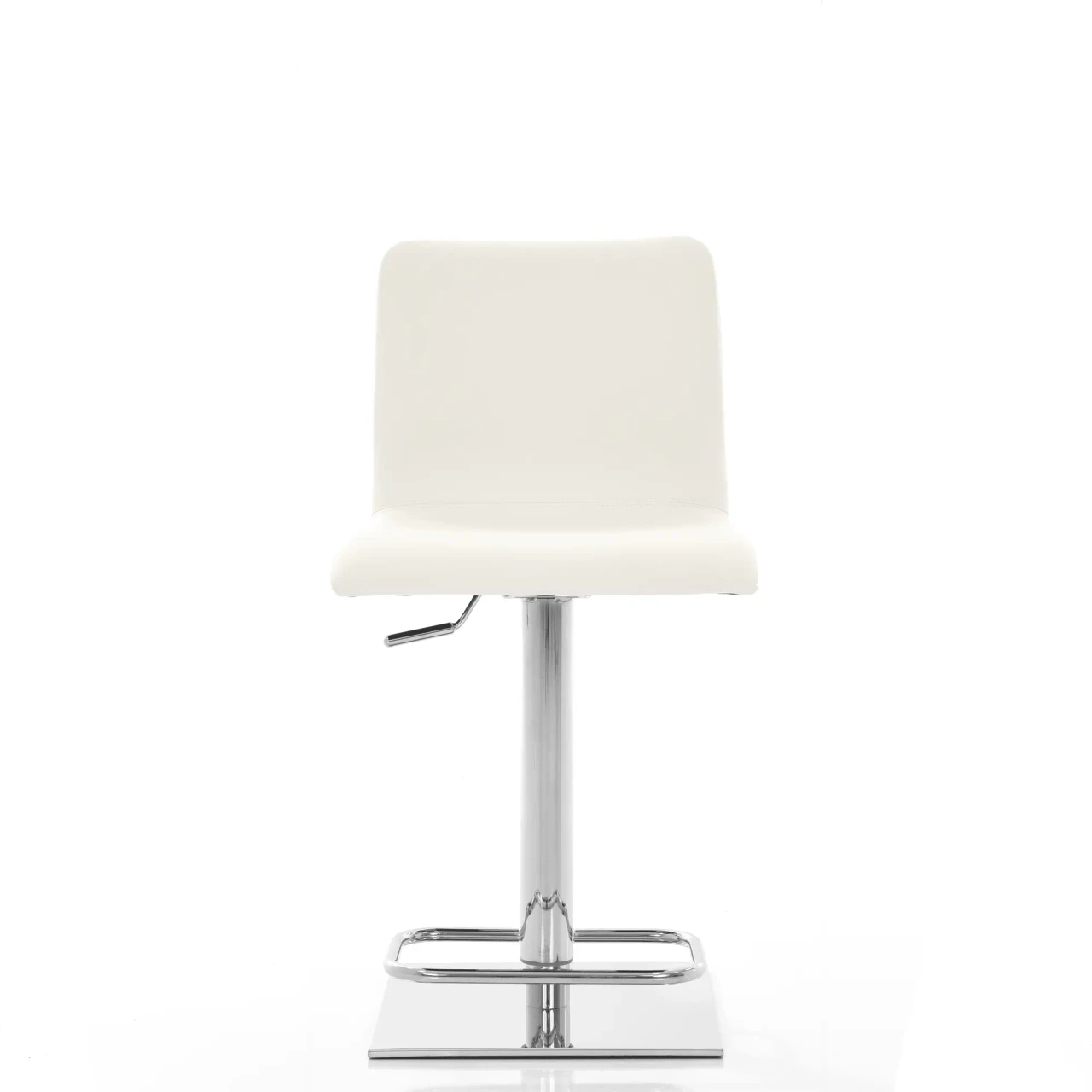 WHITE LEATHER - White modern bar stool with faux leather seat, chrome pedestal base, and height adjustment lever, front view.