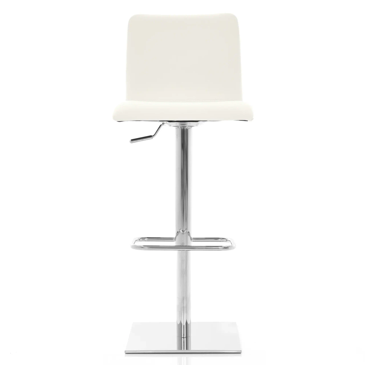 WHITE LEATHER - White modern bar stool with faux leather seat, chrome adjustable pedestal base and footrest, front view.