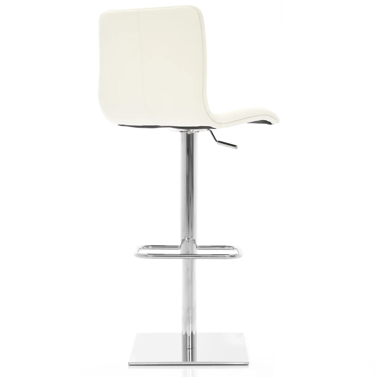 WHITE LEATHER - White modern bar stool with faux leather seat, chrome pedestal base, footrest, and square base, side profile view.