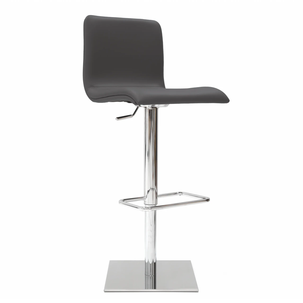 GREY - Modern grey faux leather bar stool with chrome pedestal base, footrest, and height adjustment, side view.
