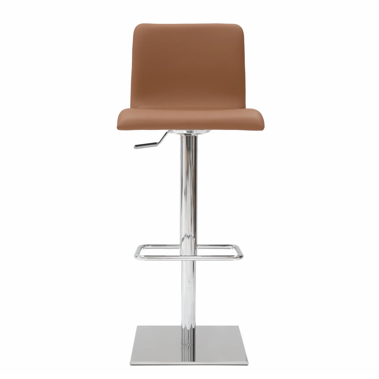 COGNAC LEATHER - Brown faux leather modern bar stool with chrome pedestal base, footrest, and height adjustment lever, front view.