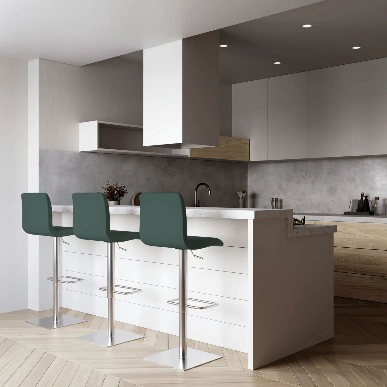 DARK GREEN - Three modern teal faux leather bar stools with chrome pedestals and footrests, front view in a white kitchen.