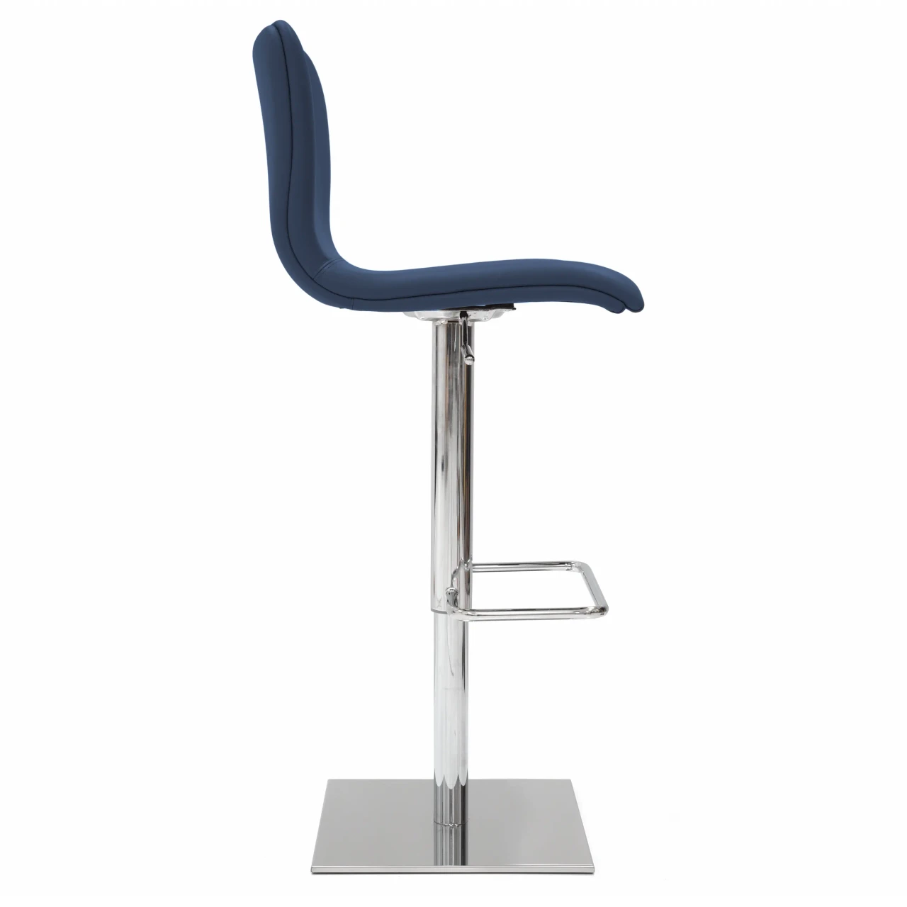 COBALT BLUE LEATHER - Side view of a modern navy blue faux leather bar stool with a chrome pedestal base and built-in footrest.