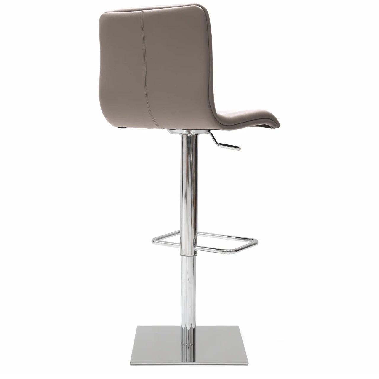TAUPE - Taupe faux leather modern bar stool with chrome pedestal base and footrest, side view.