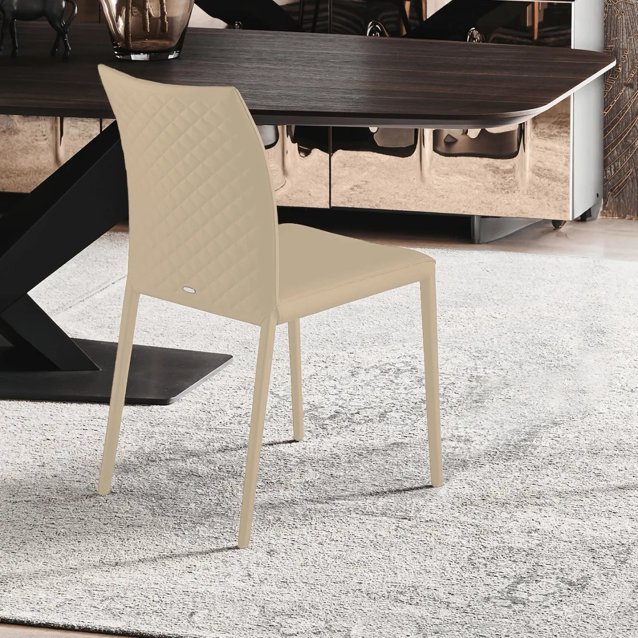 CASHMERE - Cattelan Norma Couture Side Chair in Cashmere Soft Leather with diamond tufted back, side view in dining room setting.