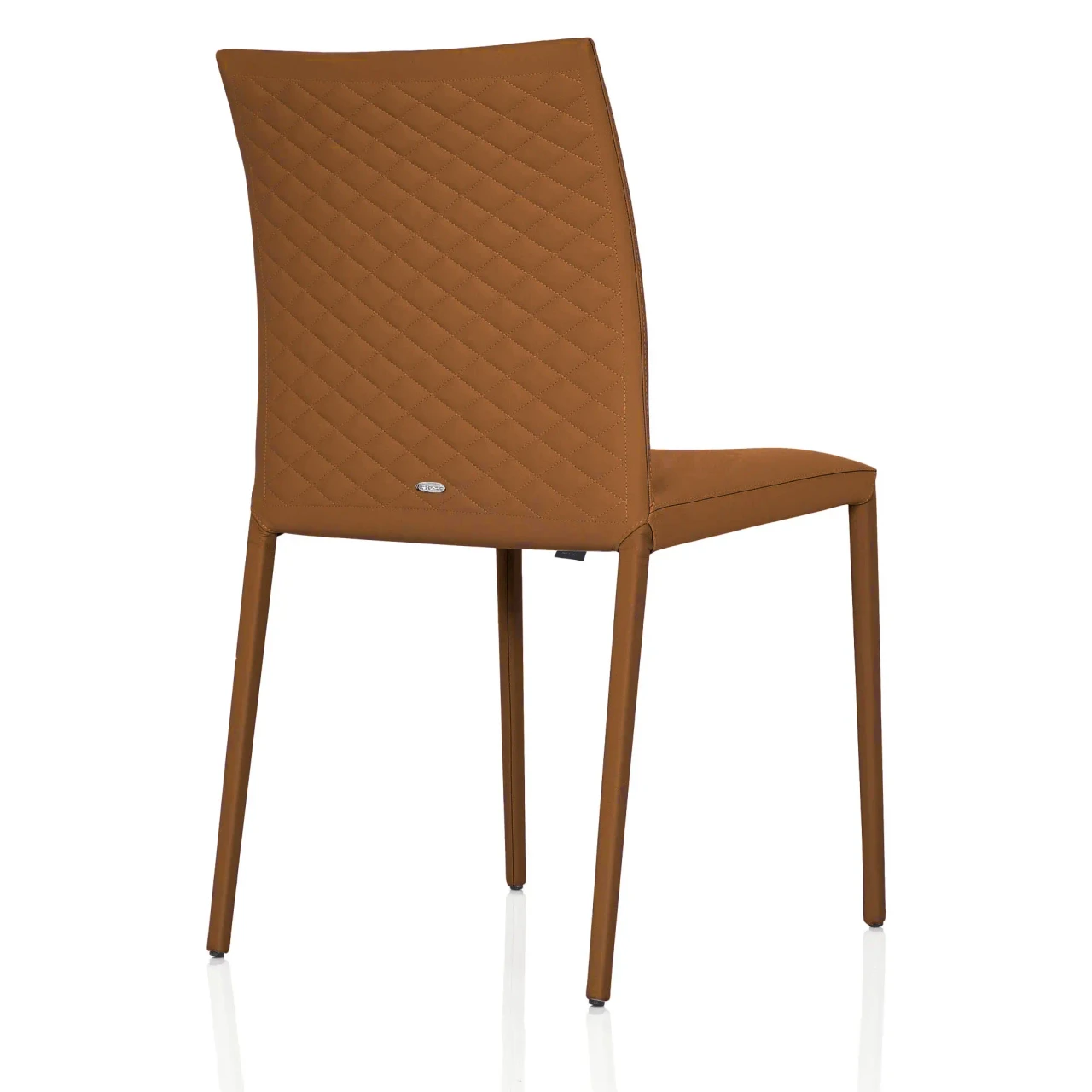 COGNAC - Cattelan Norma Couture Side Chair in Cognac Soft Leather with diamond tufted outside back, rear three-quarter view.