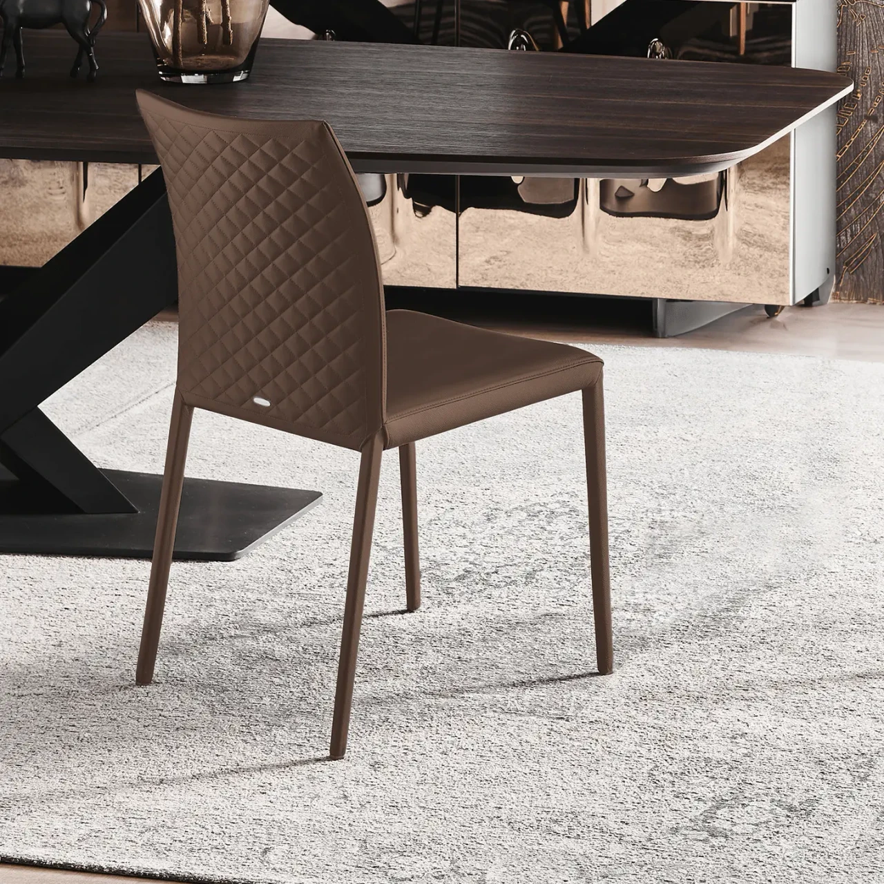 TABACCO - Cattelan Norma Couture Side Chair in Tabacco Soft Leather with diamond tufted back, side view in dining room setting.