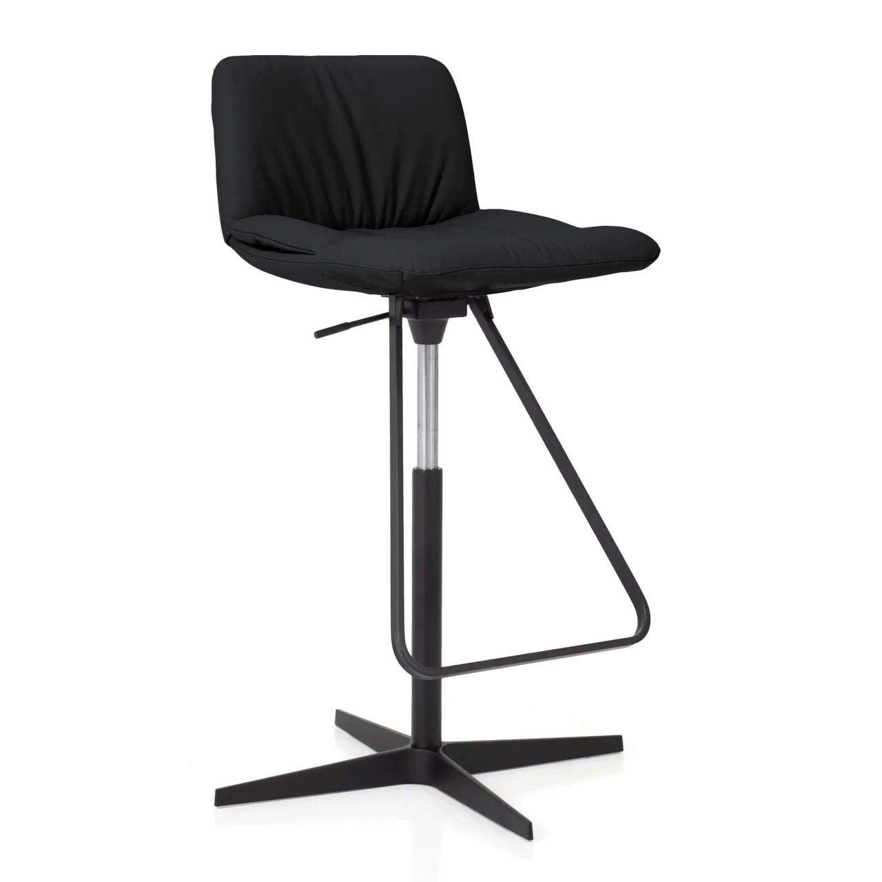 NERO - Cattelan Axel X Bar Stool in Nero Soft Leather with Black Spoke Base, Column & Foot, three-quarter view.