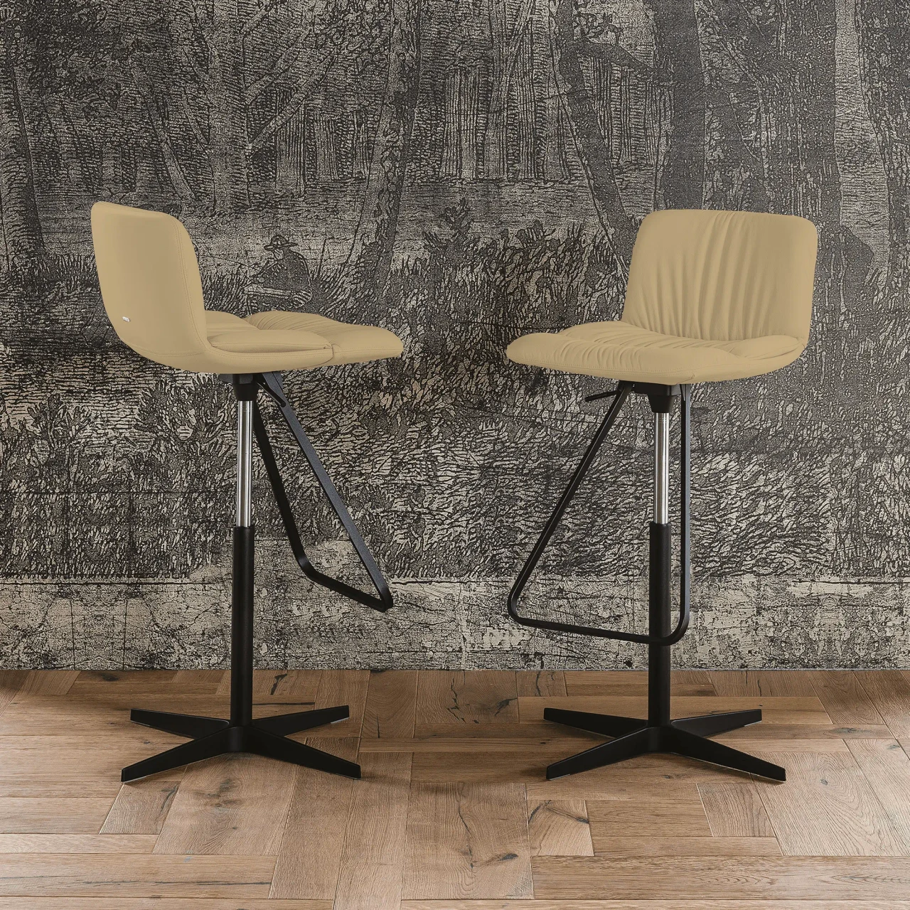 SAFARI - Two Cattelan Axel X Bar Stools in Safari Soft Leather with Black Spoke Base, side view in a dining room setting.