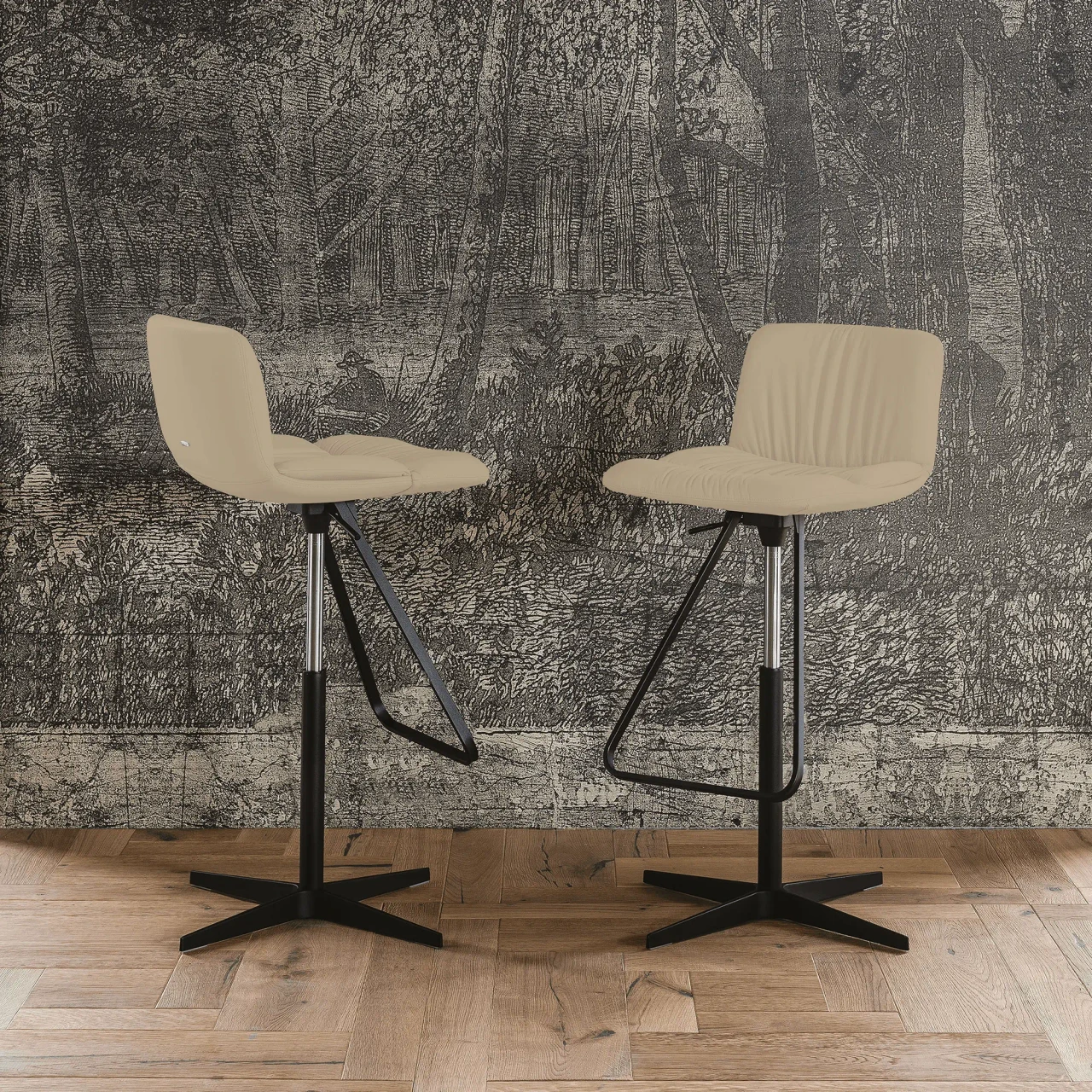CASHMERE - Two Cattelan Axel X Bar Stools in Cashmere Soft Leather with Black Spoke Base, front view in a lifestyle room setting.