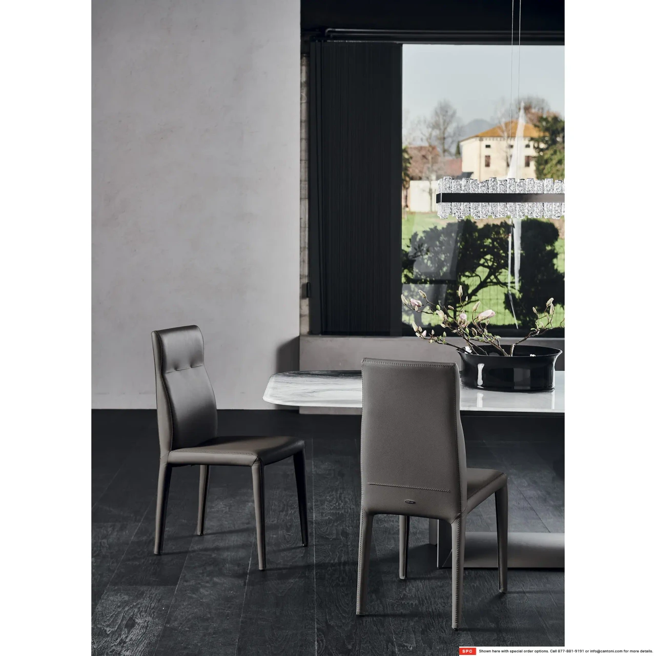 LATTE CREAM LEATHER - Cattelan Agatha Flex Side Chairs in Latte Soft Leather 961, modern style, dining room setting, three-quarter rear view.