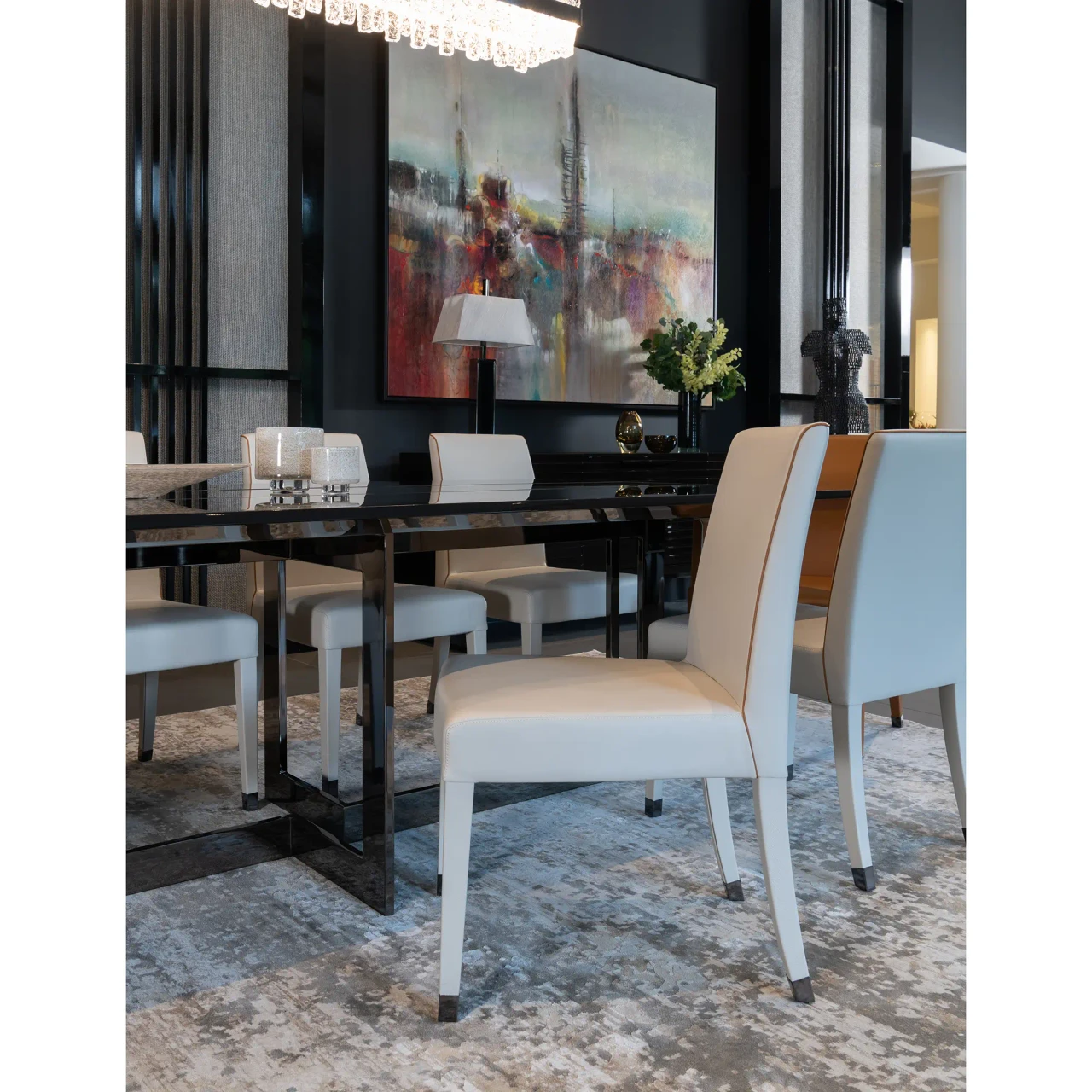 Malerba Perfect Time Side Chair in beige leather with C61/C59 piping and black chrome caps in a dining room setting.