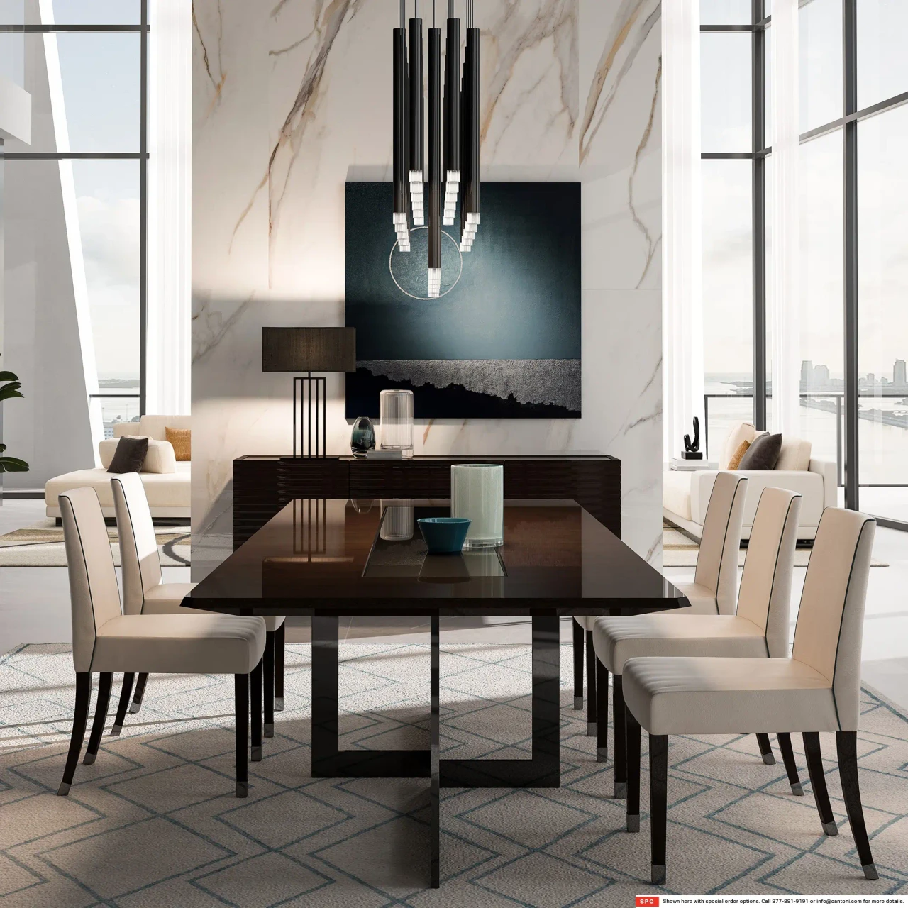 Malerba Perfect Time Side Chair in beige leather with C59 piping and black chrome leg caps in a modern dining room setting.