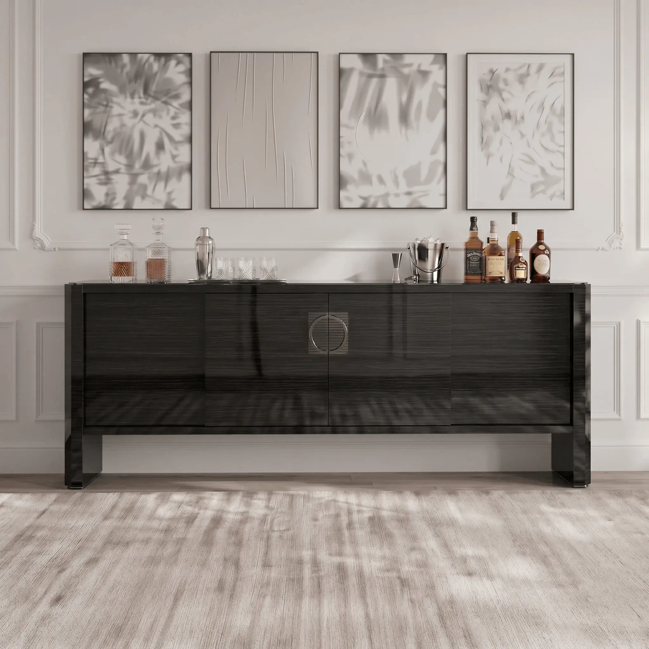 Malerba My Story Buffet, modern black cedar high gloss and black glass sideboard, front view in a living room setting.