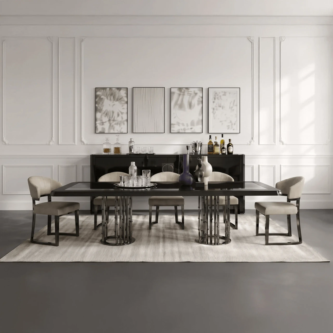 Front view of Malerba My Story Buffet in Black Cedar HGloss/Black Glass in a dining room with a table and chairs.