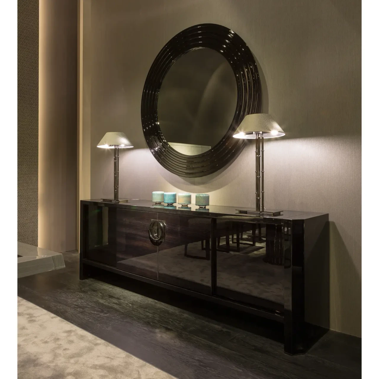 Malerba My Story Buffet in Black Cedar HGloss/Black Glass with Black Chrome Accents in a living room, front view.